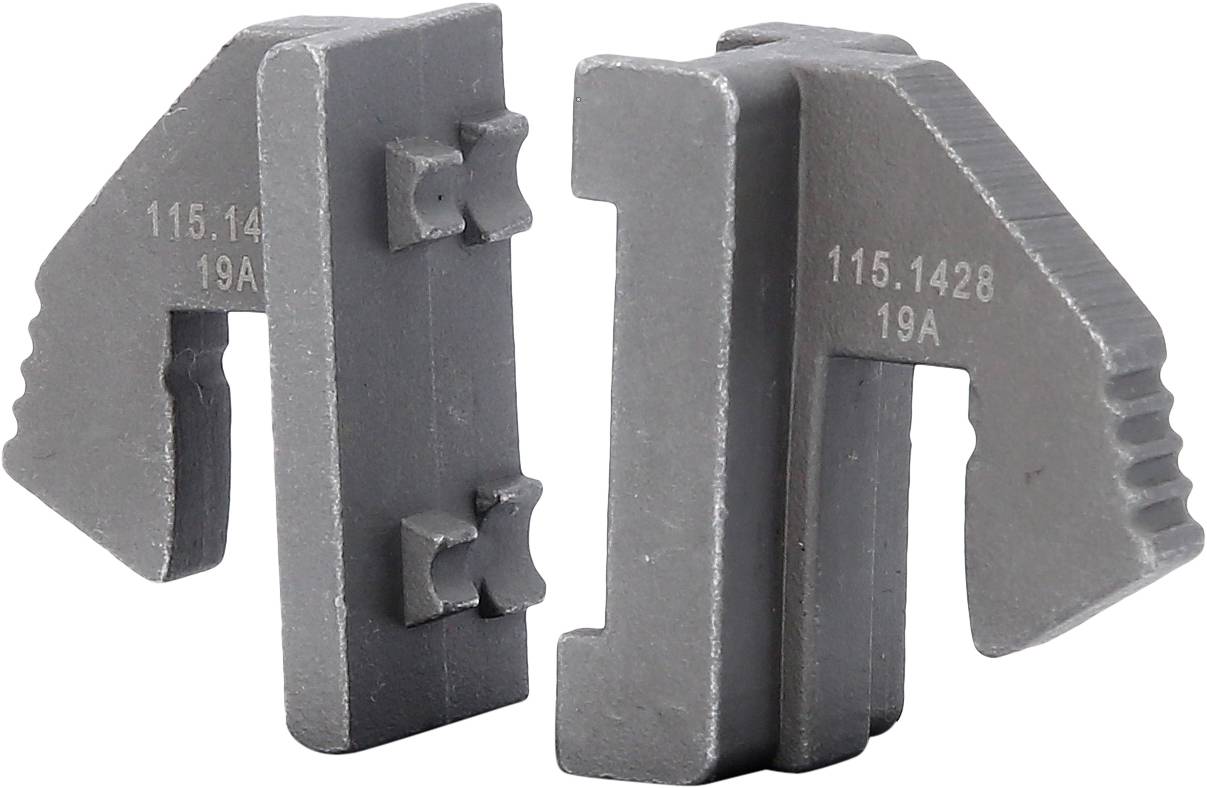 Metallische Teile mit der Nummer '115.1428 19A', zeigen rechteckige Strukturen und gezahnte Kanten, vermutlich Maschinenteile.