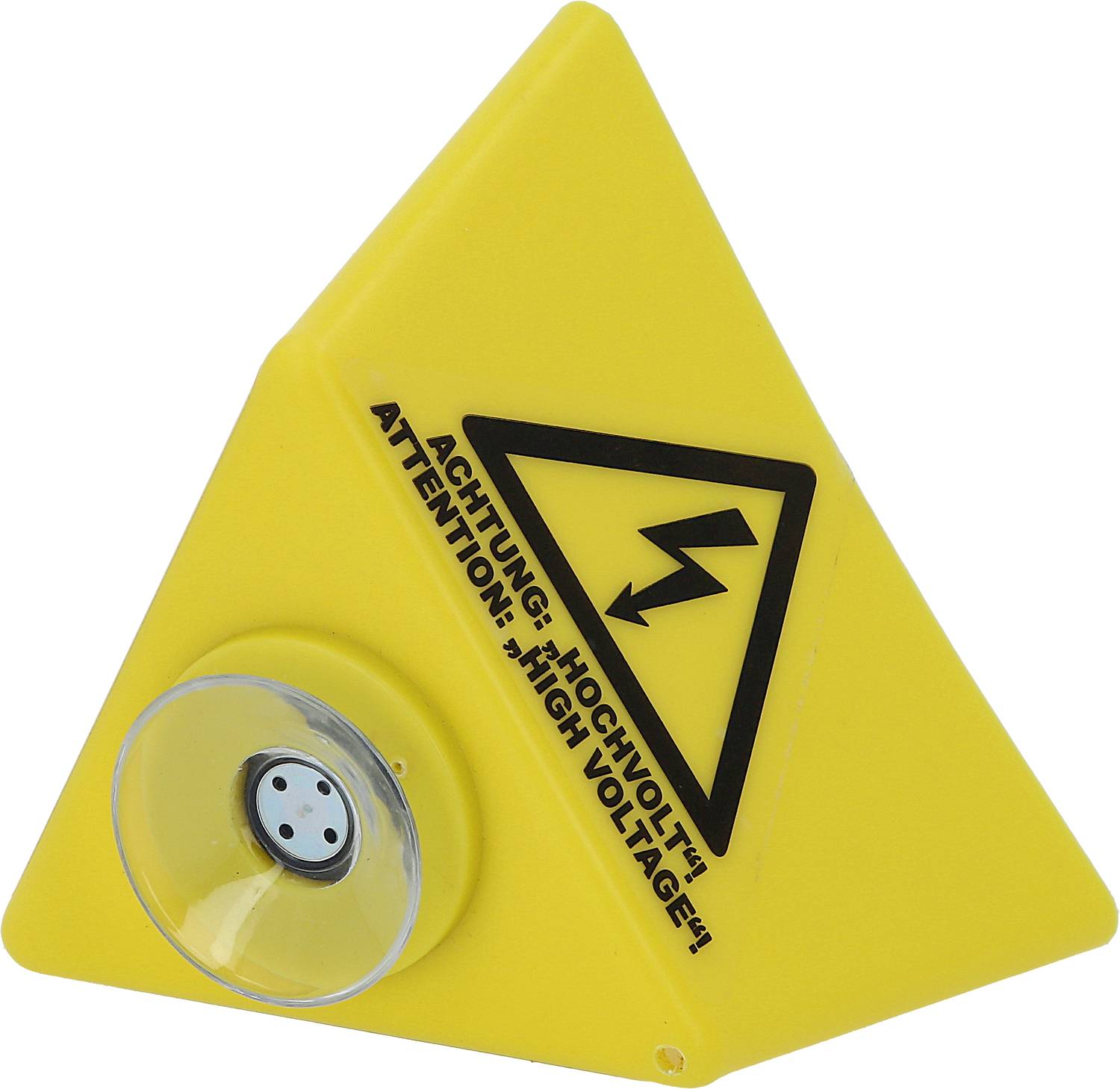 Gelbes pyramidenförmiges Warnschild mit dem Symbol für elektrische Spannung und der Aufschrift 'Achtung: Hochvolt! Attention: High Voltage!'.