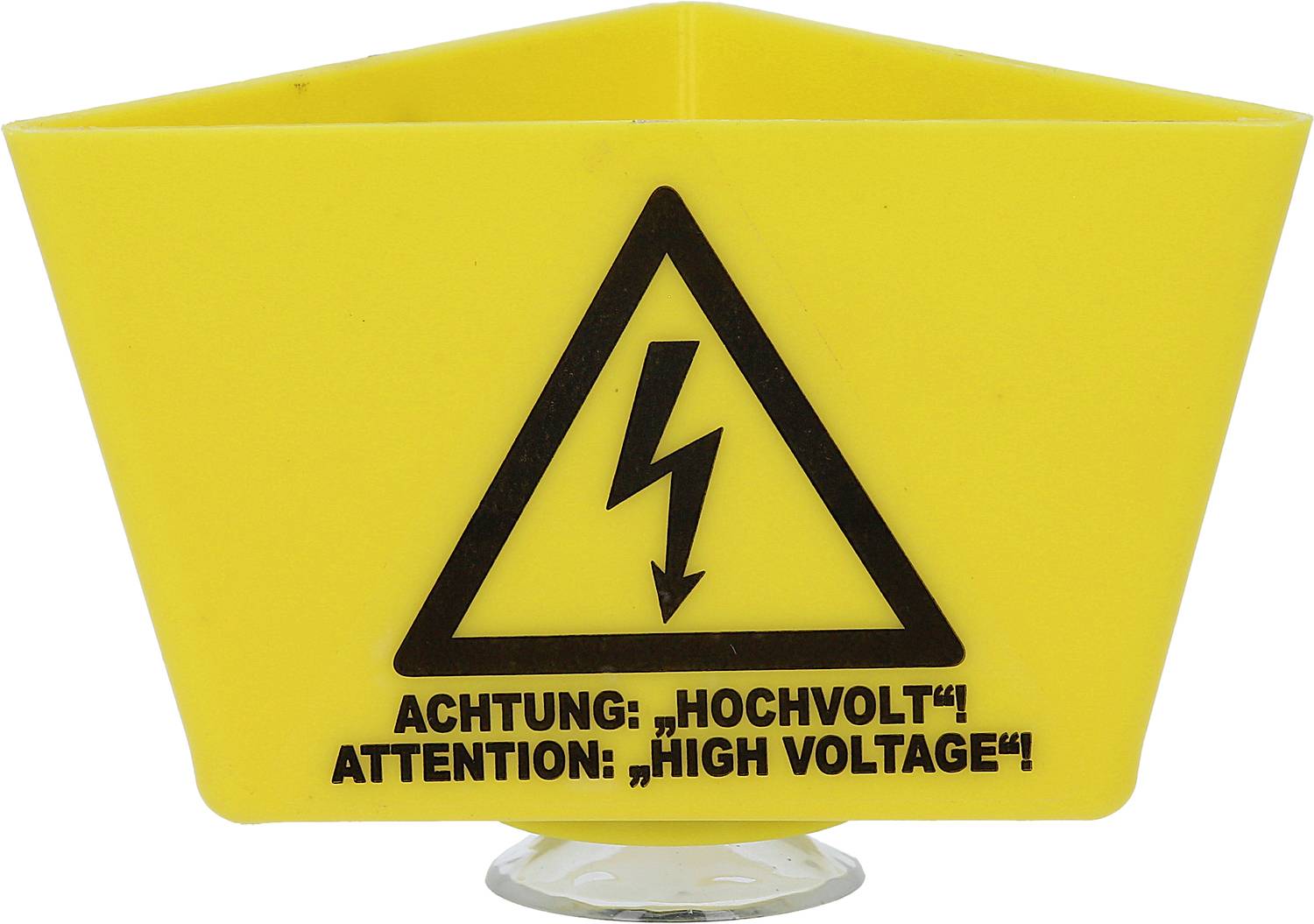 Gelbes Warnschild in Dreiecksform mit einem Blitzsymbol und dem Text 'Achtung: Hochvolt! Attention: High Voltage!' in Schwarz.