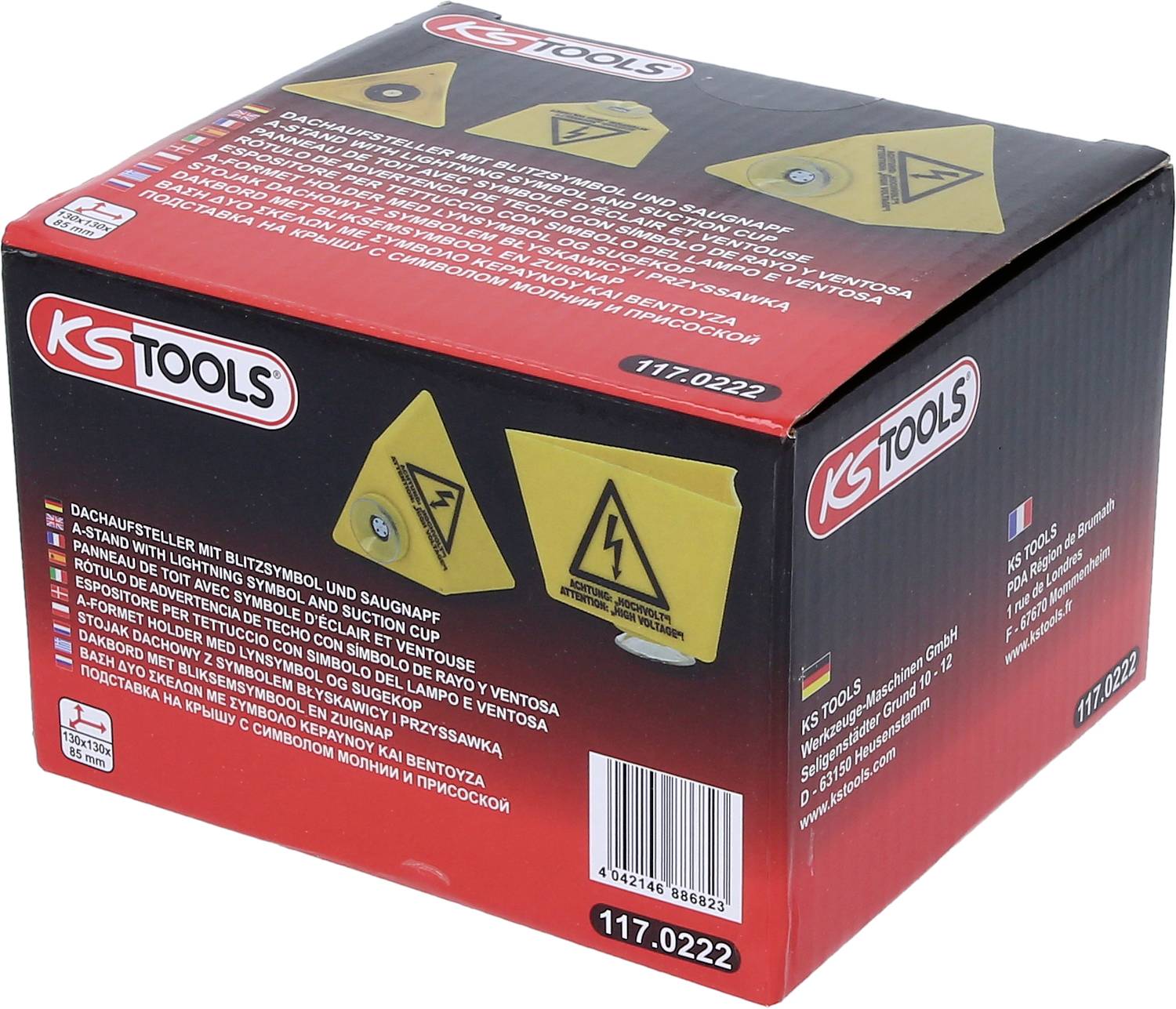 Eine rote Verpackung von 'KS Tools' mit Bild eines Dachsaugers. Warnsymbol für Stromgefahr. Produktnummer: 117.0222.
