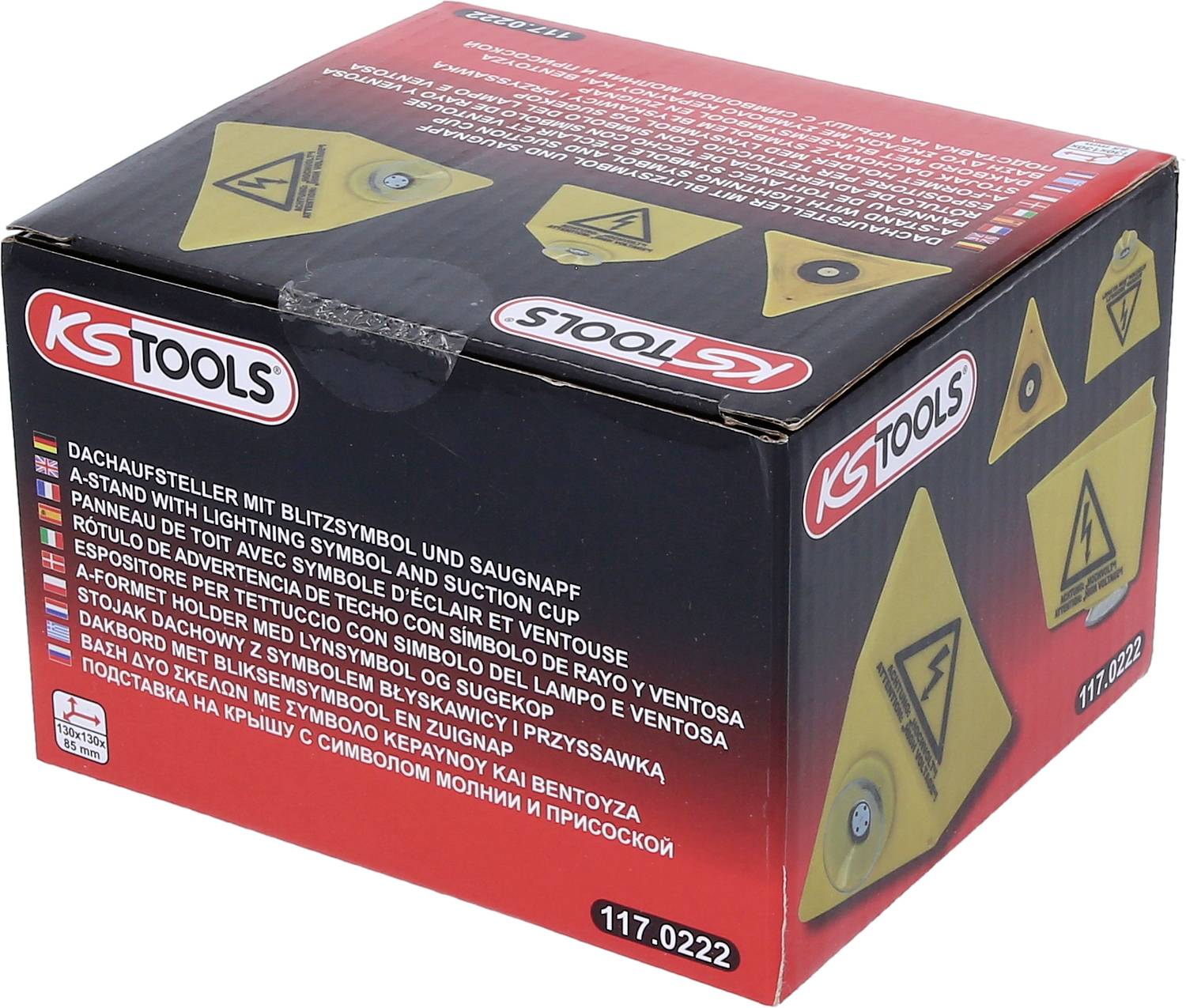 Eine rot-schwarze Verpackung für Dachaufsteller von KS Tools mit Blitzsymbol. Enthält Produktinformationen in mehreren Sprachen.