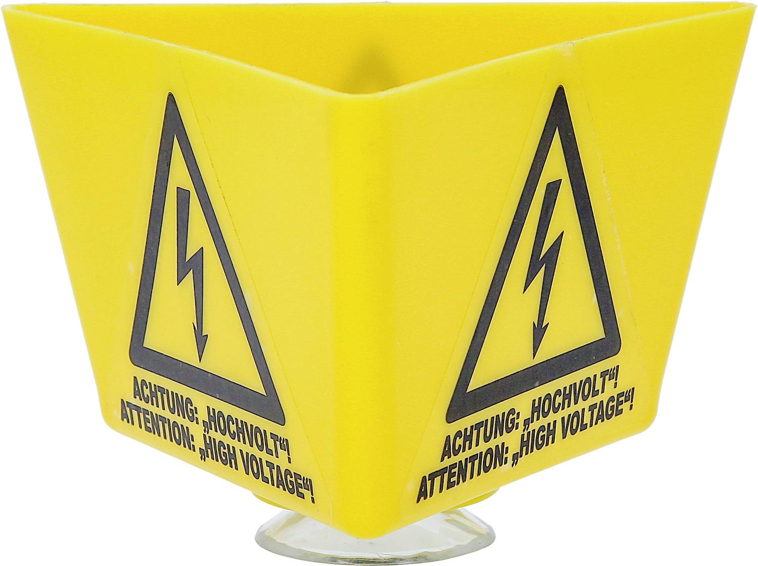 Gelbes Warnschild in Form einer Kappe mit Blitzsymbol und Text 'Achtung, Hochvolt! Attention, High Voltage!'.