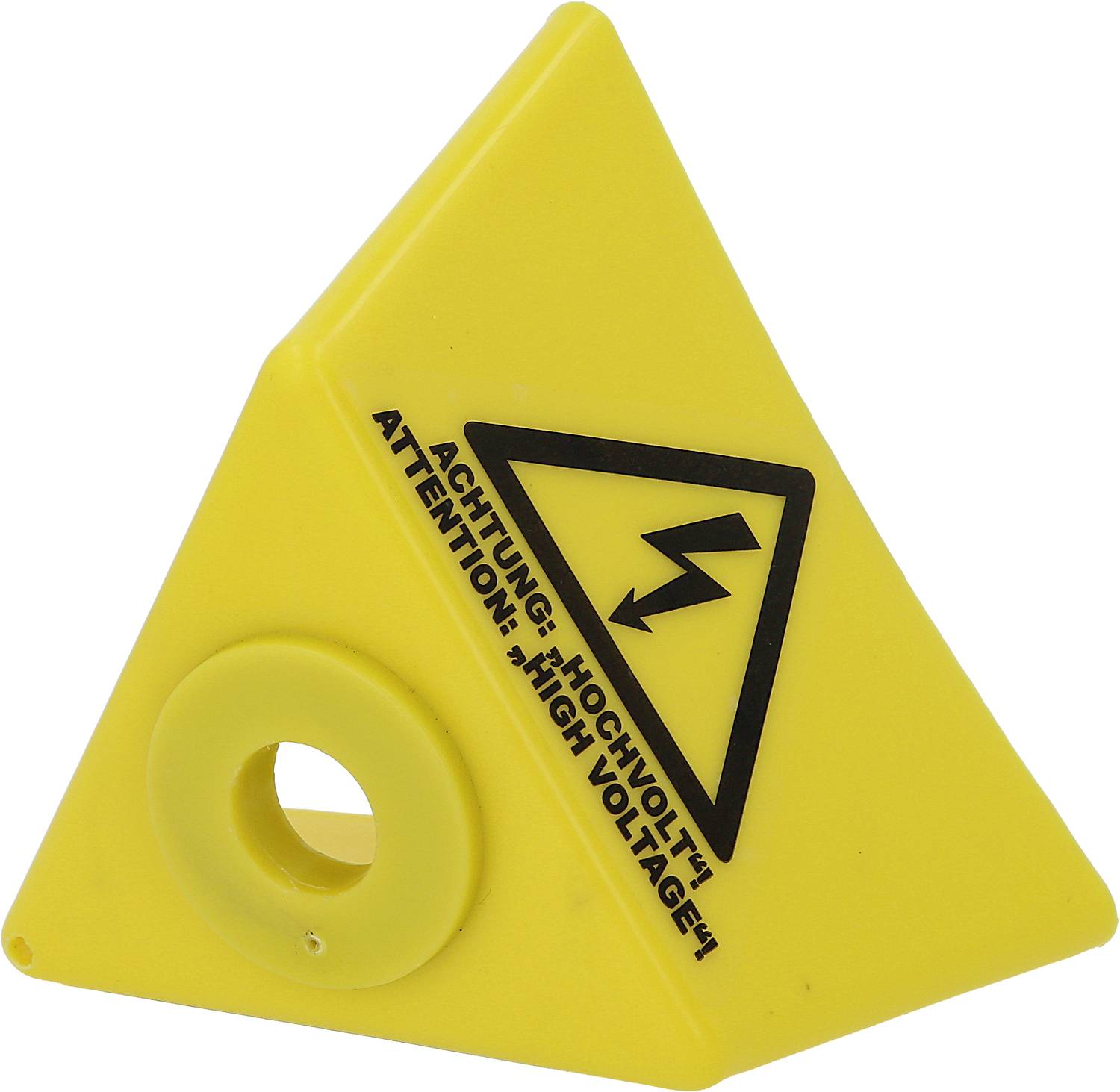 Gelbes, dreieckiges Schild mit Blitzsymbol und Text 'Achtung Hochvolt! High Voltage!', warnt vor hoher elektrischer Spannung.