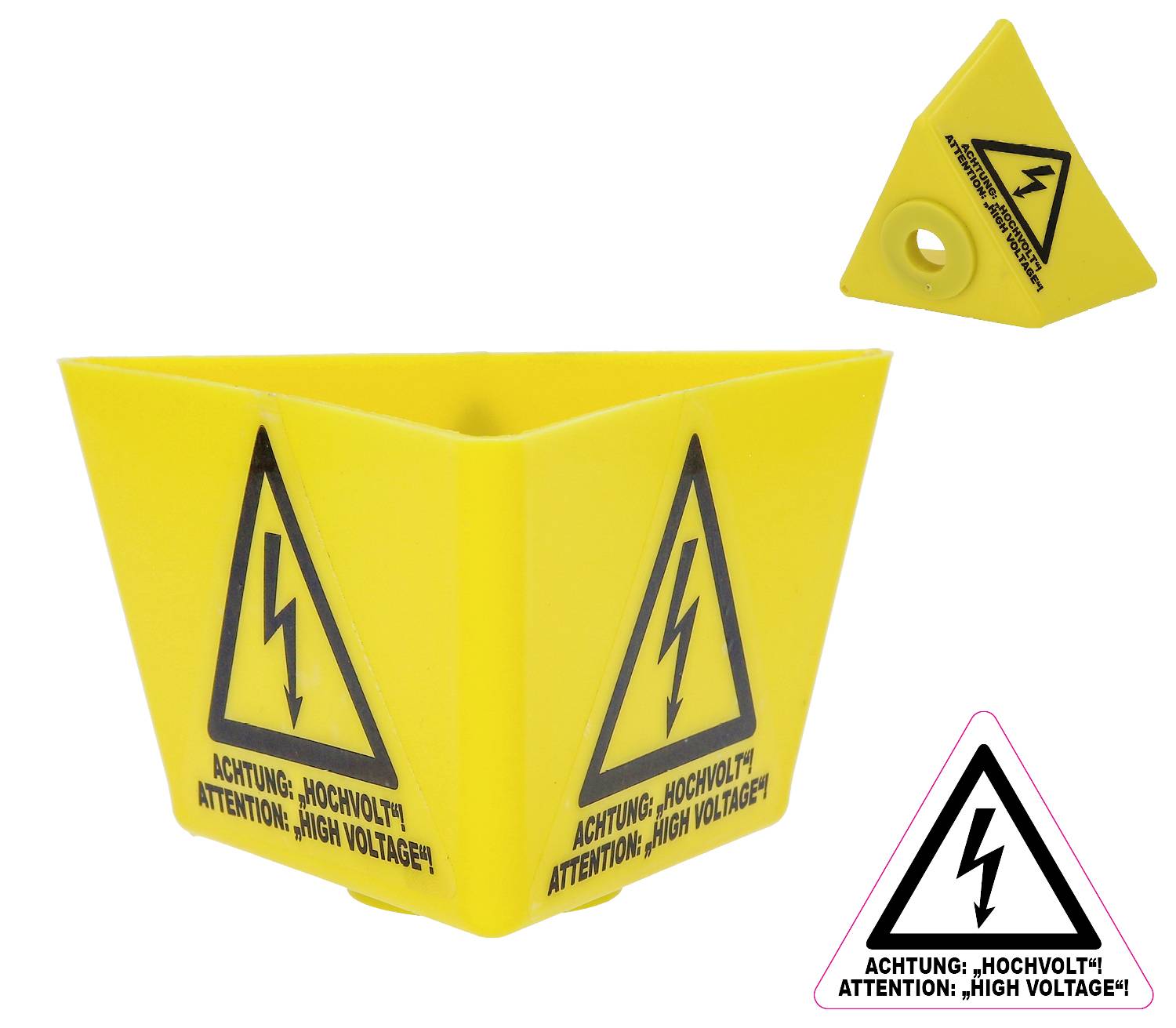 Gelbes, dreieckiges Warnschild mit Blitzsymbol und Schrift 'Achtung, Hochvolt! Attention: High Voltage!' darauf.
