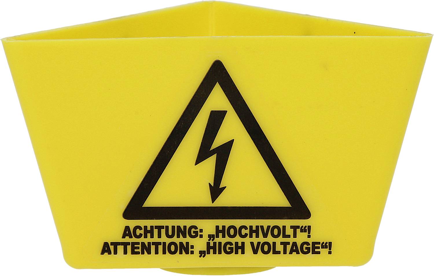 Gelbes Warnschild mit schwarzem Blitzsymbol. Text: 'Achtung: Hochvoltage! Attention: High Voltage!'