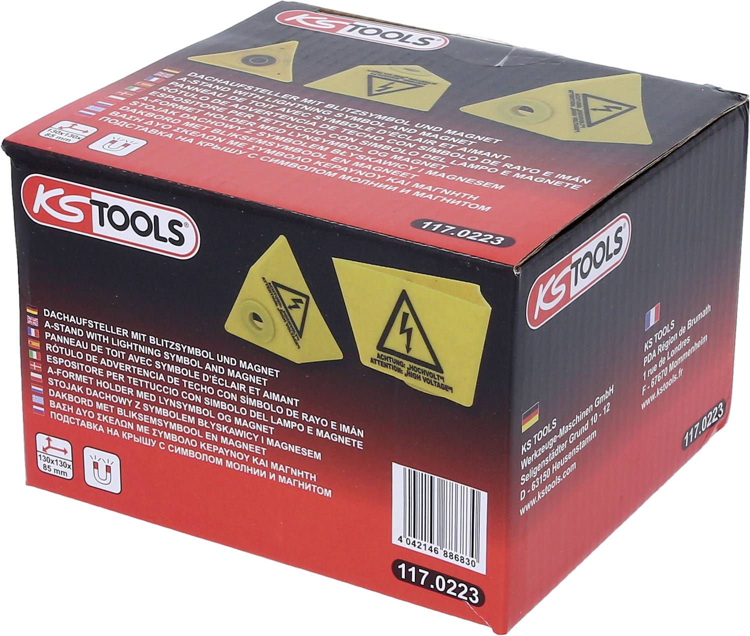 Eine schwarze Verpackung von KS Tools mit dem Modellnamen '117.0223', zeigt ein Produktbild und Sicherheitswarnungen auf der Seite.