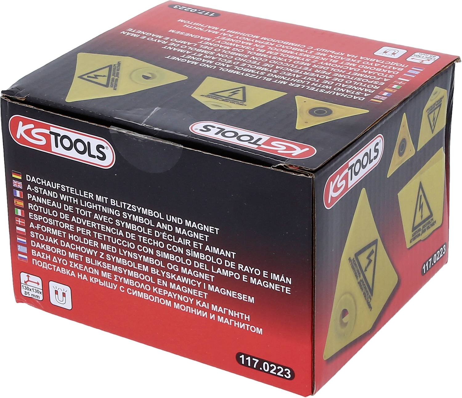 Eine Box von KS Tools mit einem Produktbild und mehrsprachiger Beschreibung für einen Dachaufsteller mit Blitzsymbol und Magnet.