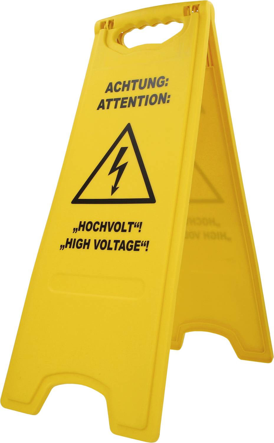 Gelbes Warnschild mit dem Text 'ACHTUNG: HOCHVOLT' und einem Blitzsymbol, weist auf hohe Spannung hin.