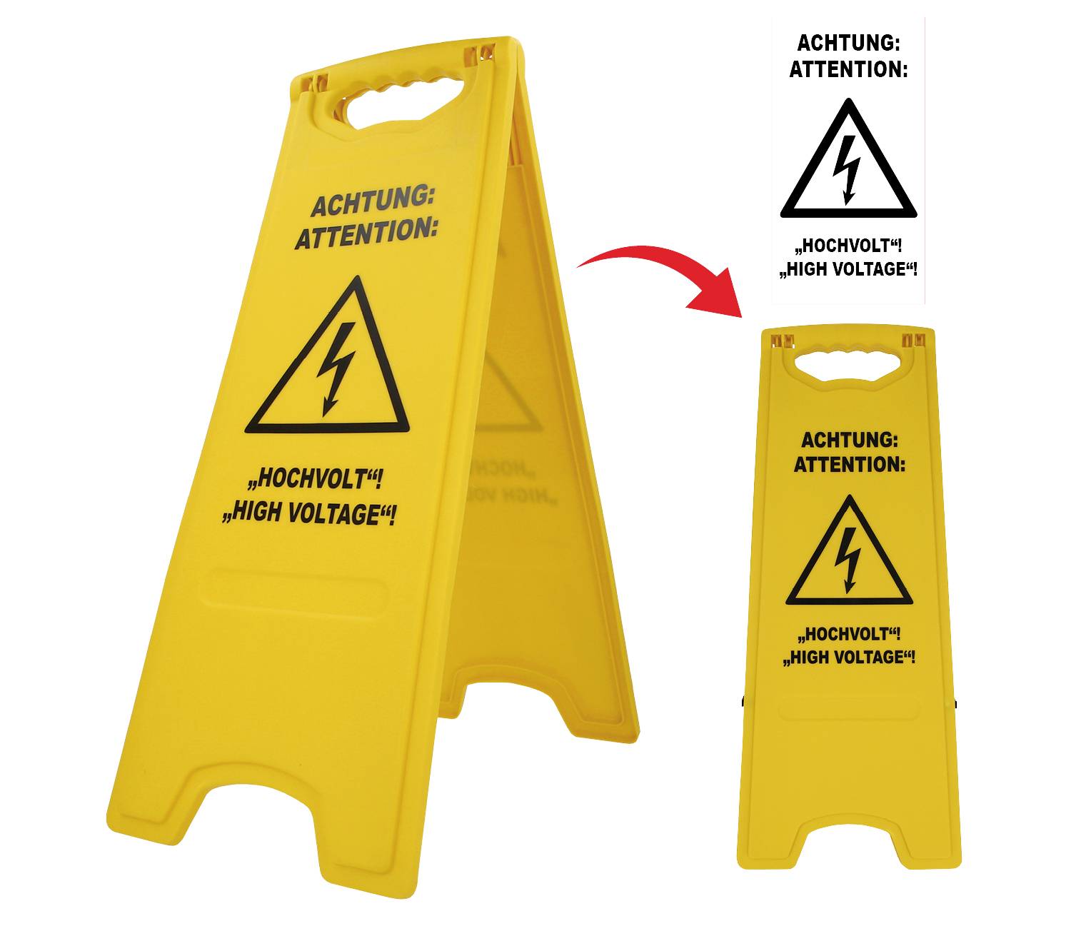 Gelbes Warnschild mit schwarzem Blitzsymbol und Text 'Achtung: Hochvolt! High Voltage!' warnt vor elektrischer Gefahr.