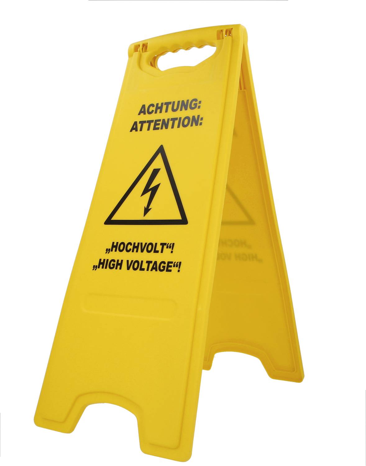 Gelbes Warnschild mit Blitzsymbol und Text 'Achtung: Hochvolt! High Voltage!'. Warnt vor elektrischer Gefahr.