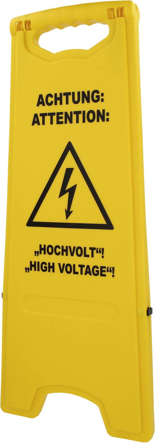 Gelbes Warnschild mit schwarzem Blitzsymbol. Text: 'Achtung: Hochvolt!' und 'Attention: High Voltage!'.