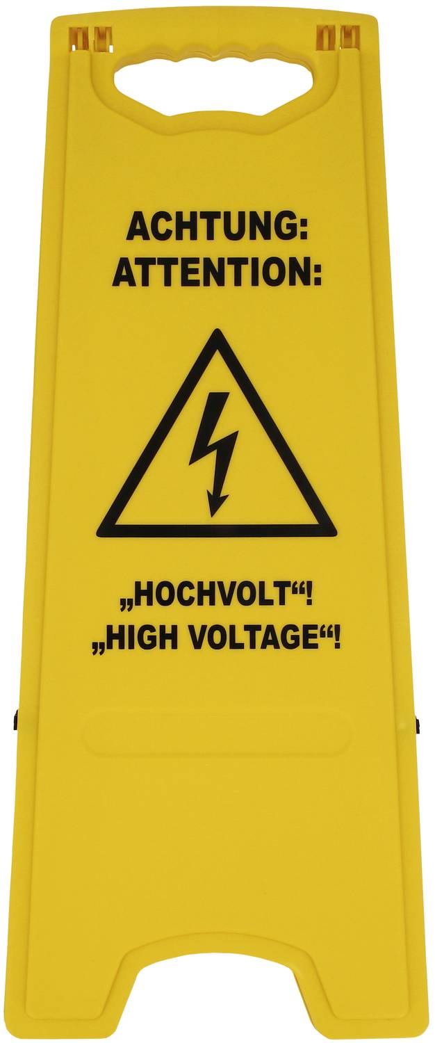Gelbes Warnschild mit schwarzem Blitzsymbol und Text: 'Achtung: Hochvolt! Attention: High Voltage!'