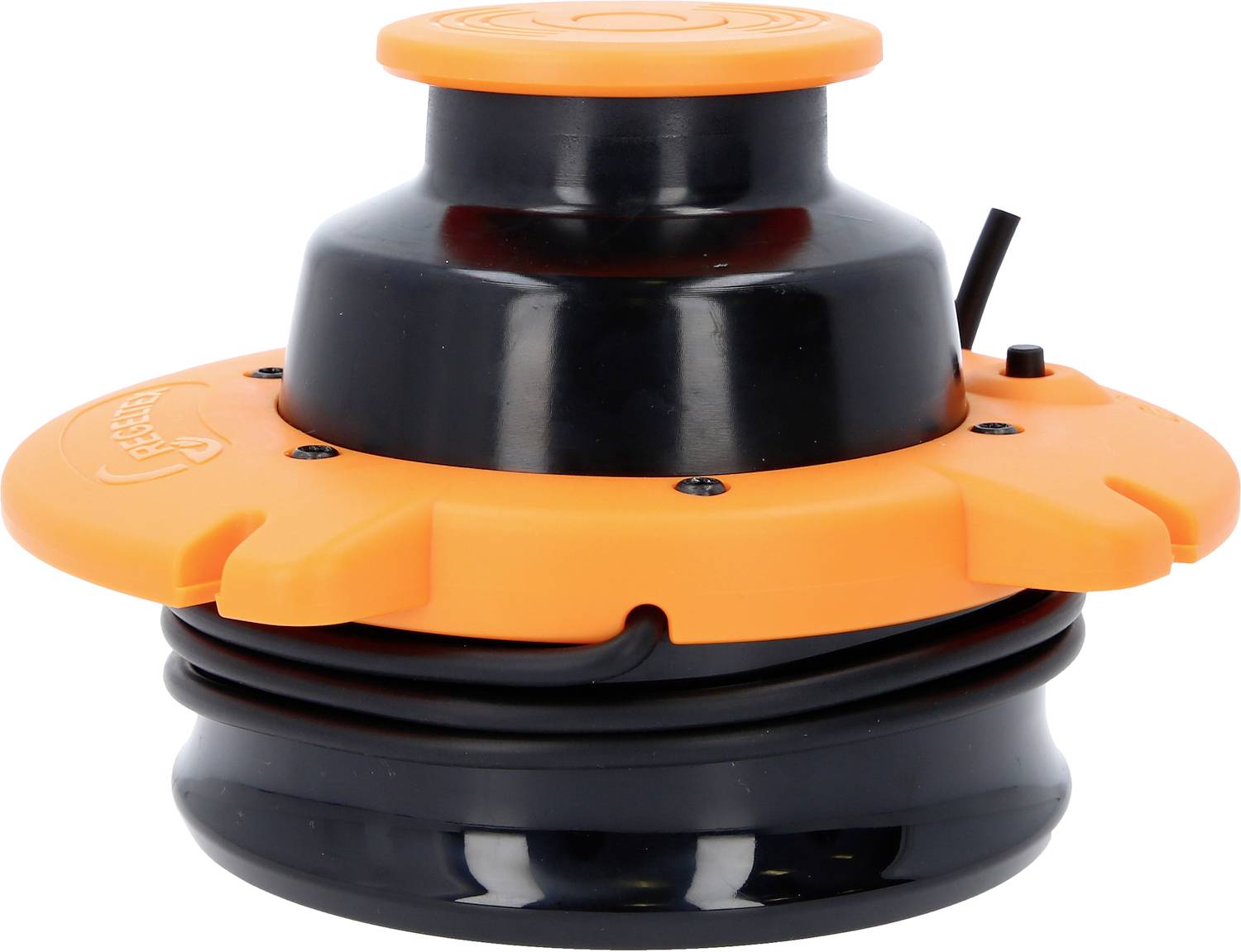 Ein orange-schwarzes elektrisches Gerät mit rundem Design und Kabel, vermutlich ein Schrubbmaschinenaufsatz oder Reinigungstool.