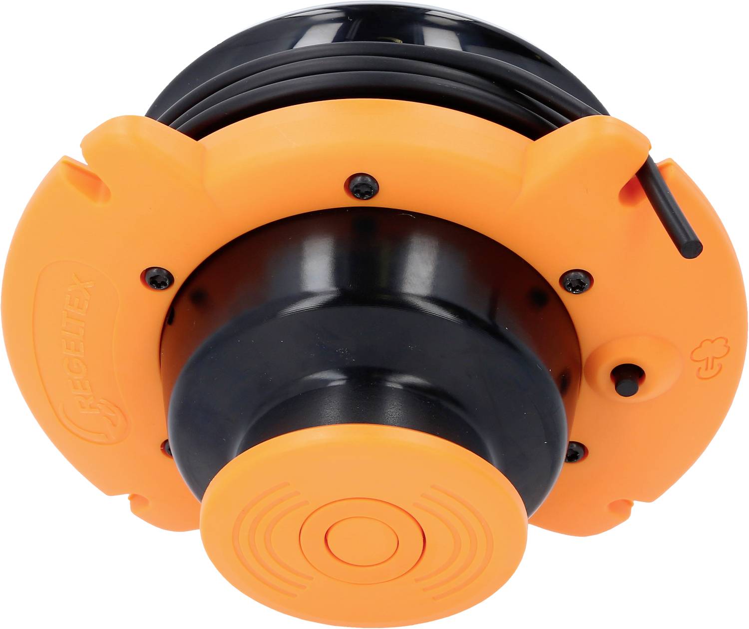 Eine orangefarbene Fadenspule, vermutlich Teil eines Freischneiders oder Trimmers, mit schwarzen Details und sichtbarem Gewinde.