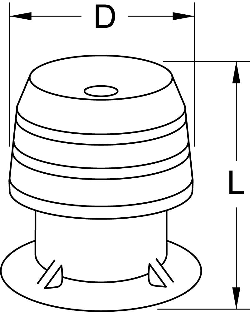 Technische Zeichnung eines zylindrischen Lüftungsteils mit Durchmesser 'D' und Höhe 'L'. Zeigt Befestigungsbasis und zylindrische Form.