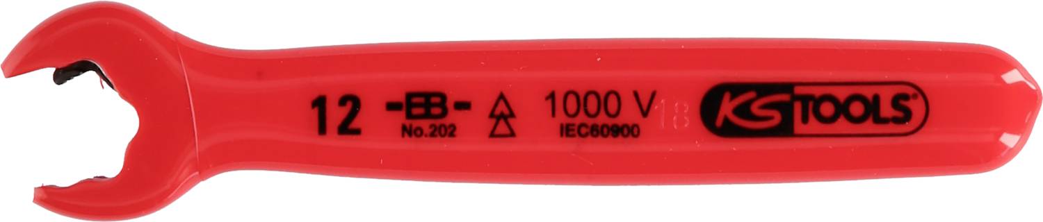 Isolierter Schraubenschlüssel, Größe 12, rot, für Arbeiten bis 1000V, mit Herstellerlogo und Sicherheitskennzeichnungen.