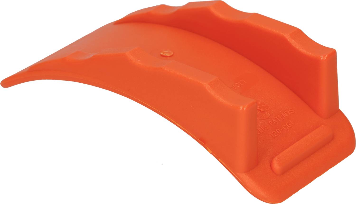 Ein orangefarbener Kunststoffkeil mit gewellter Oberfläche, möglicherweise als Stütze oder Werkzeugzubehör verwendet.