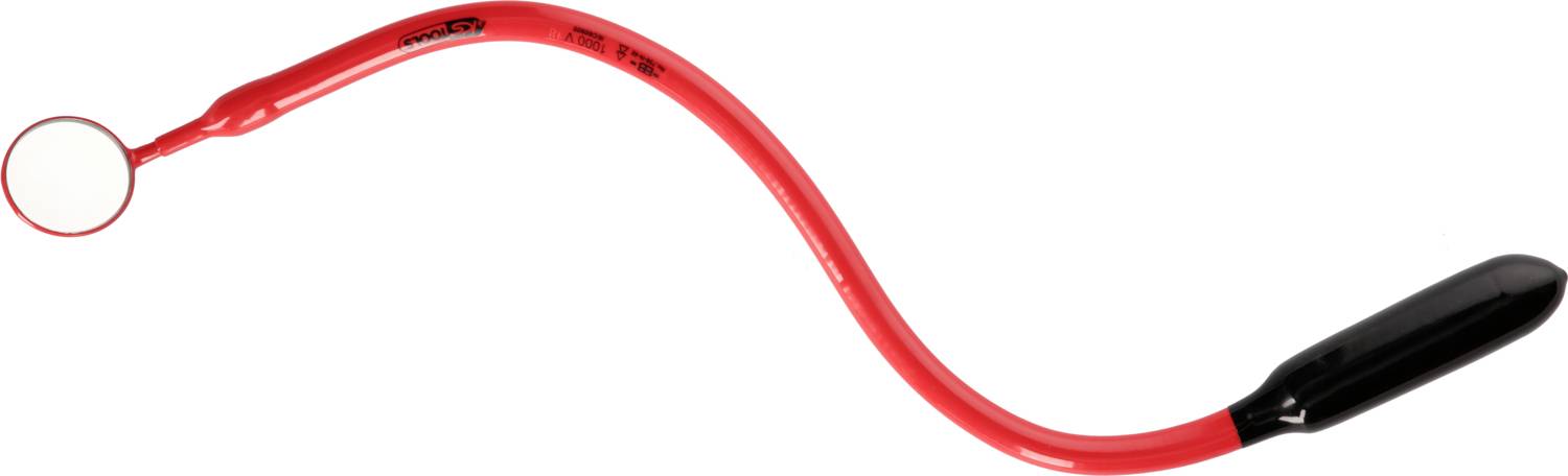 Ein roter, flexibler Inspektionsspiegel mit einem runden Spiegel am Ende.
