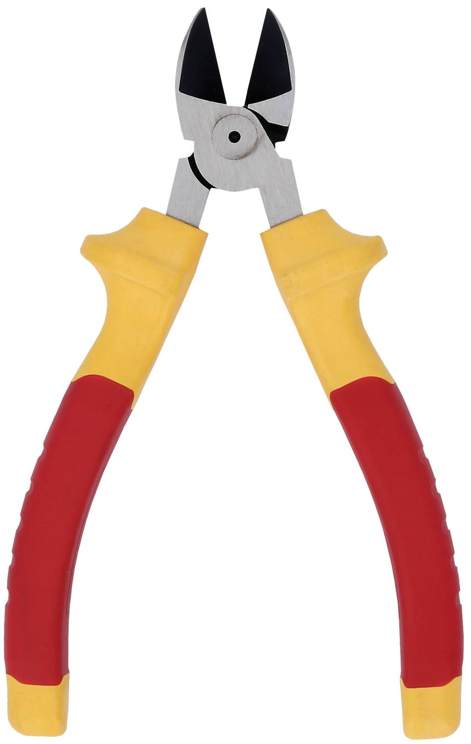 Seitenschneider mit roten und gelben Griffen, zum Schneiden von Drähten oder Kabeln.