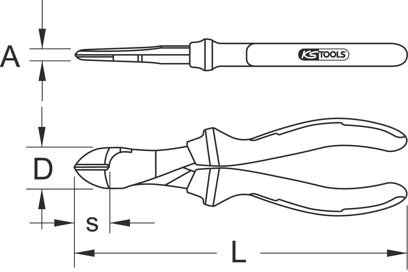 Technische Zeichnung von Werkzeugen: Seitenschneider und Pinzette. Maße: A, D, S, L. Marke: KS Tools.