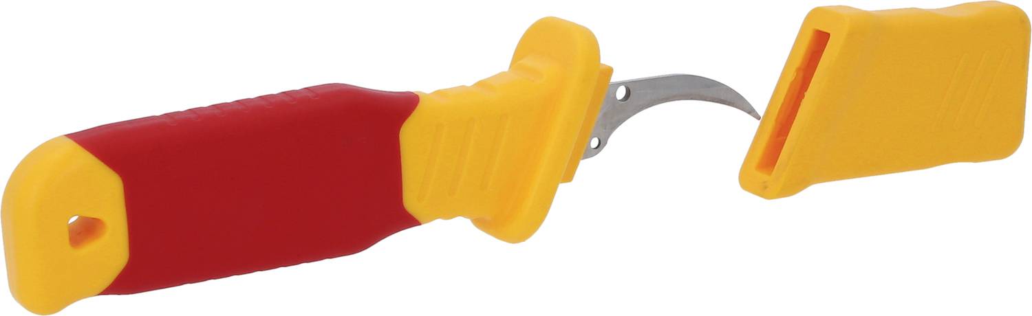 Ein Sicherheitsgurtmesser mit rotem Griff und gelber Klinge, abgerundete Spitze, Schutzkappe abgenommen.