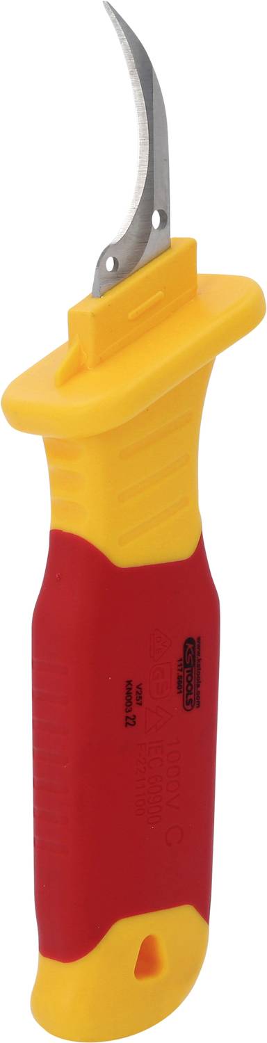 Elektriker-Messer mit gelbem und rotem, isoliertem Griff und gebogener Klinge, geeignet für Kabelabmantelungsarbeiten.