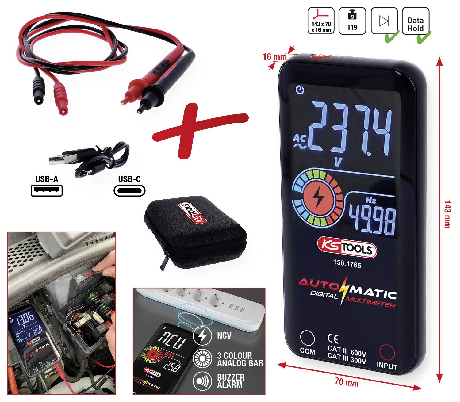 Digitales Multimeter von KS Tools mit großem Display, zeigt 237,4 V AC und 49,98 Hz. Enthält USB-A und USB-C-Anschlüsse, Messleitungen und Etui.