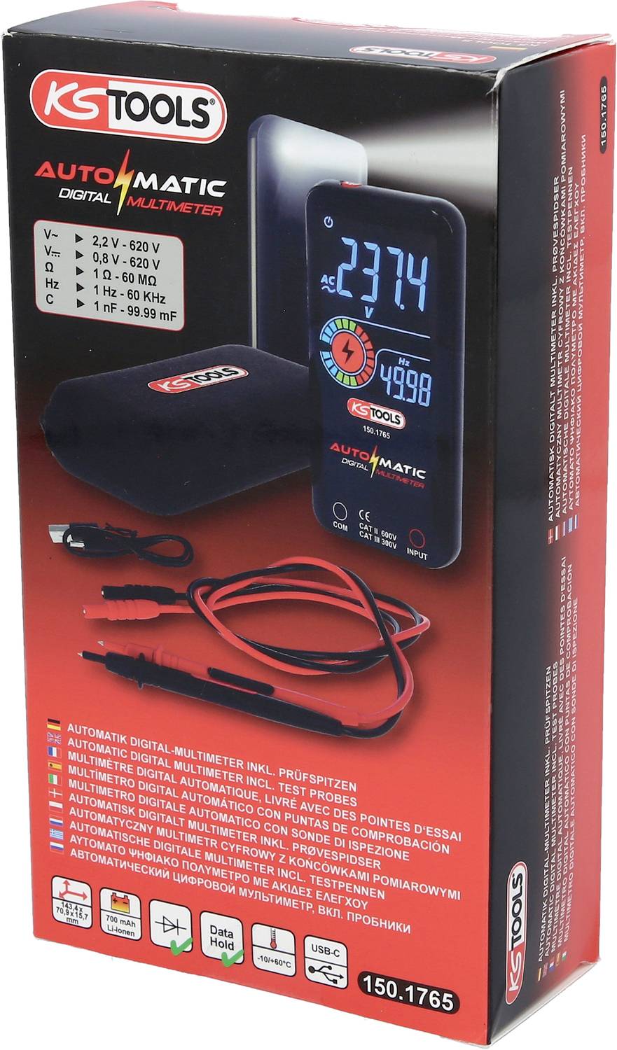 Multimeter-Verpackung von KS Tools mit Displayanzeige. Enthält Kabel und Hülle. Produktdetails und technische Spezifikationen sichtbar.