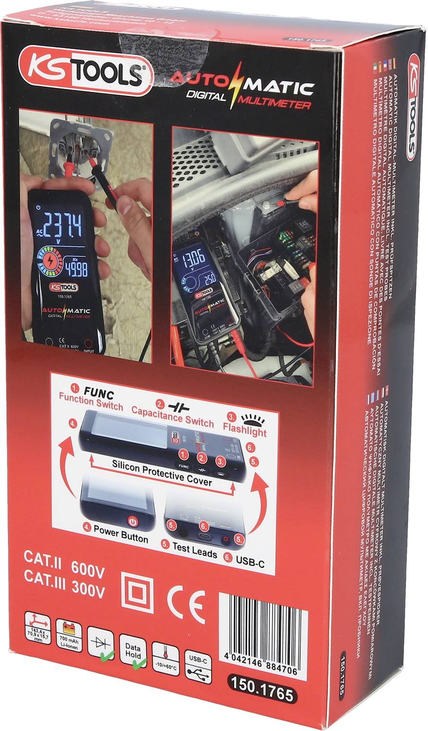 Verpackung eines digitalen Multimeters von KS Tools. Zeigt Funktionen wie Spannungsmessung und Kapazitätstests mit Bedienungshinweisen.