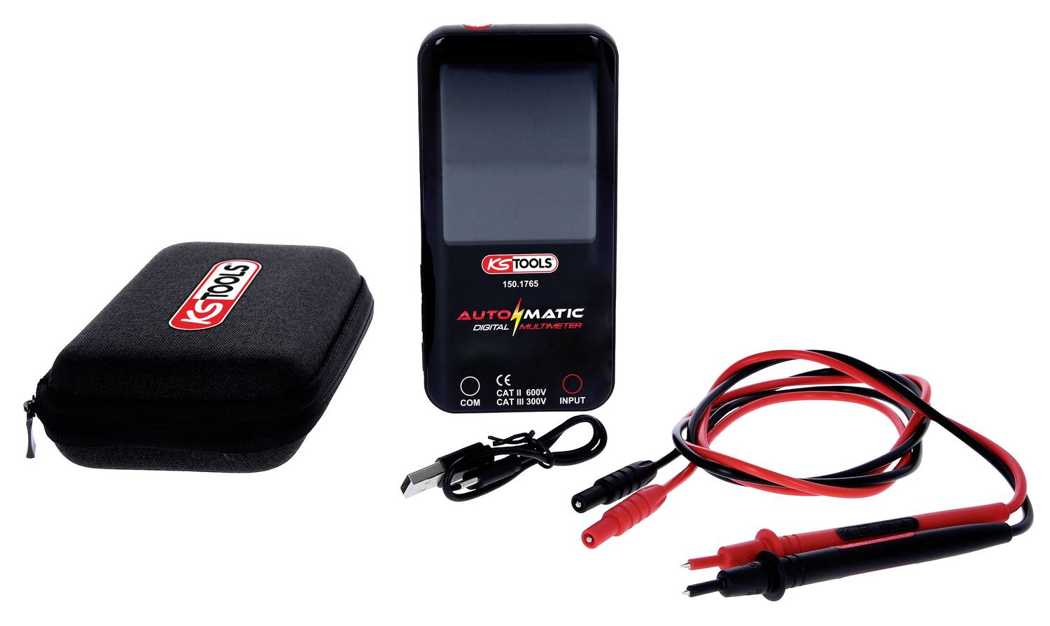 Digitales Multimeter mit Zubehör: zwei Messkabel und eine schützende Transporttasche mit Markenlogo.