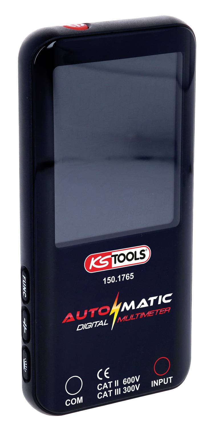 Schwarzes digitales Multimeter mit der Aufschrift 'KS Tools AUTOMATIC DIGITAL MULTIMETER', zeigt keine spezifischen Messungen an.