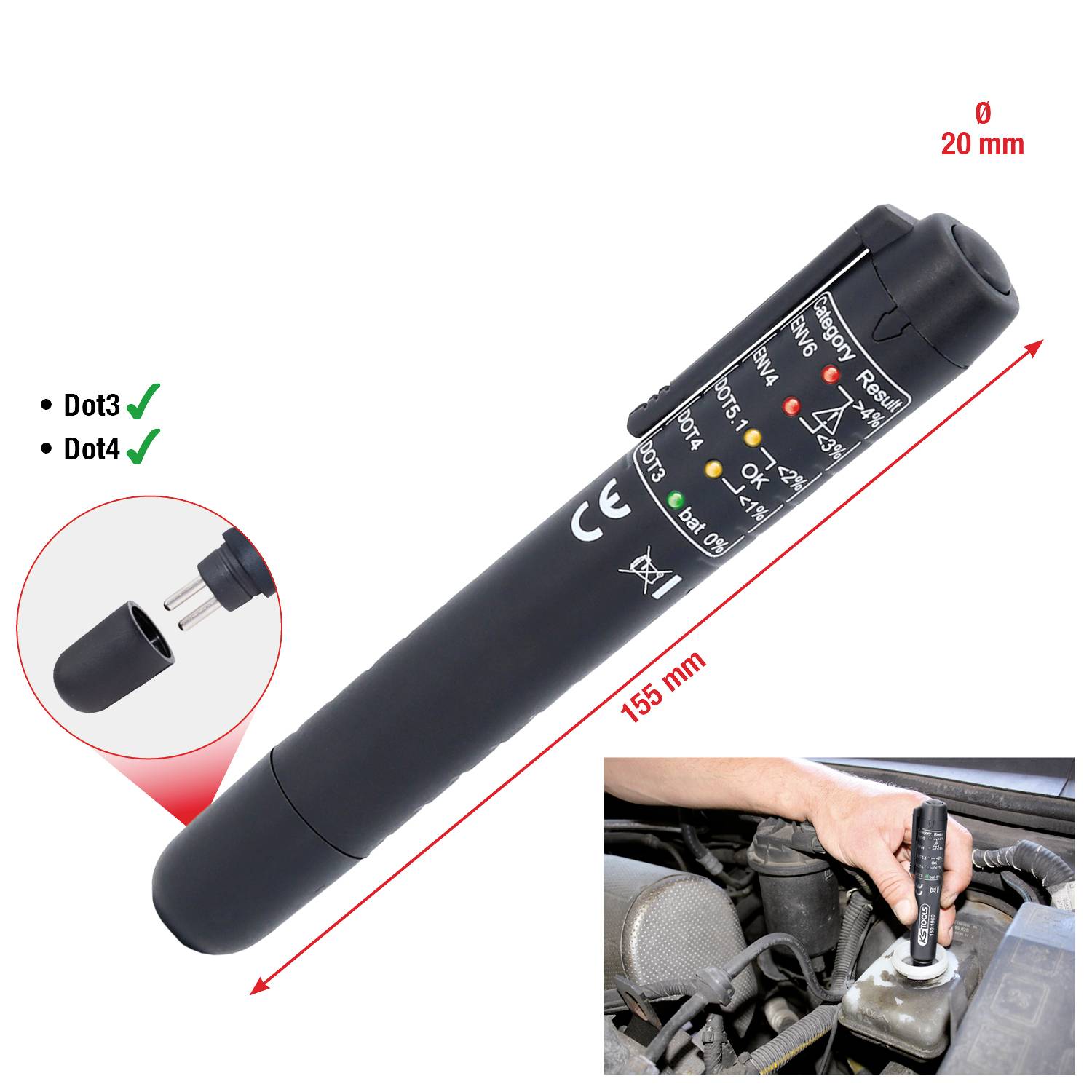 Ein Stift zur Bremsflüssigkeitsprüfung. Zeigt den Einsatz im Motorraum, um den Flüssigkeitsstand zu testen. Abmessungen: 155 mm, Durchmesser: 20 mm.