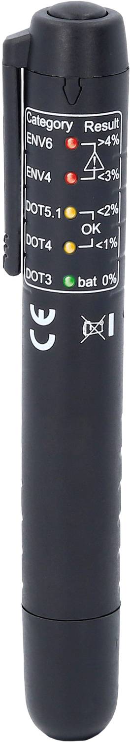 Ein digitaler Bremsflüssigkeitstester mit LED-Anzeige für verschiedene Kategorien und Batteriestatus. Zeigt Prozentsätze für Wassergehalt.