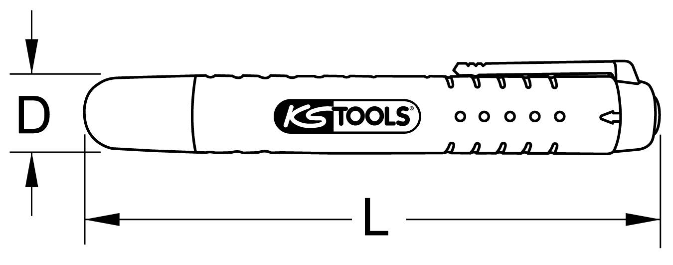 Zeichnung eines Stiftes der Marke 'KS Tools', mit Längenangabe 'L' und Durchmesser 'D', seitliche Ansicht.