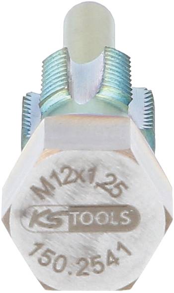 Ein Metallgewinde mit der Aufschrift 'M12x1.25 KS TOOLS 150.2541', verwendet für präzise Befestigungsanwendungen.