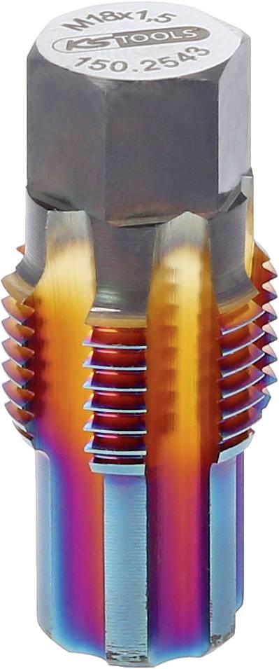 Ein Gewindebohrer in Regenbogenfarben mit 'M18x1.5'-Gravur. Verwendet für das Gewindeschneiden in Metall oder harten Materialien.