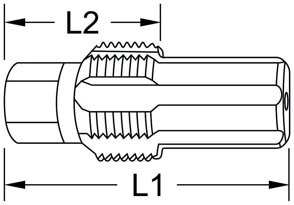Technische Zeichnung eines Bauteils mit zwei Gewinden, markiert mit 'L1' und 'L2' zur Längenangabe.