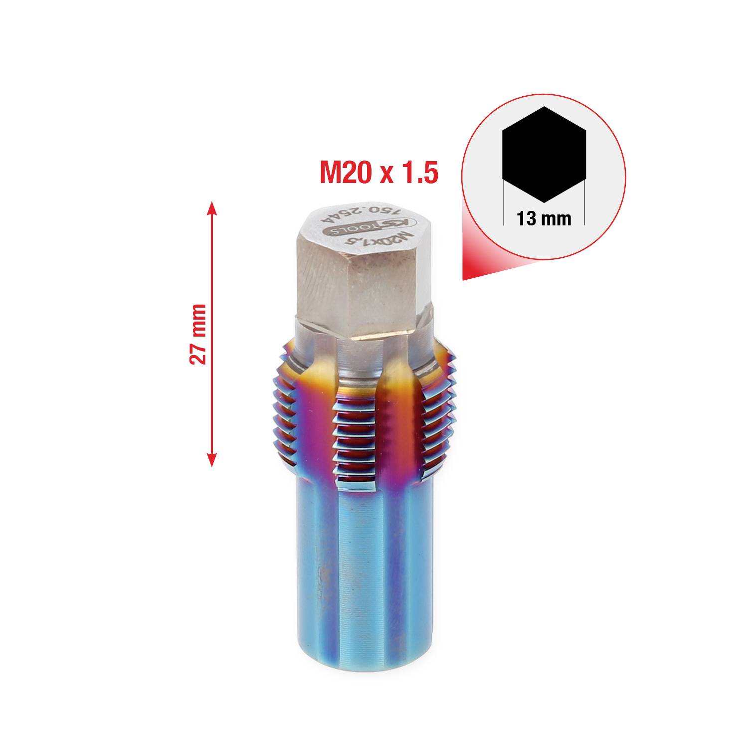 'Gewindebohrer M20 x 1,5, Länge 27 mm, Schlüsselweite 13 mm' mit bunter Beschichtung und hexagonaler Spitze.