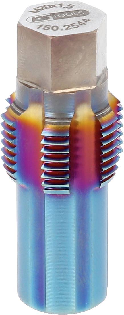 Ein blauer Gewindebohrer aus Metall mit sechseckiger Spitze. Er hat farbige Ränder und eine glänzende Oberfläche.