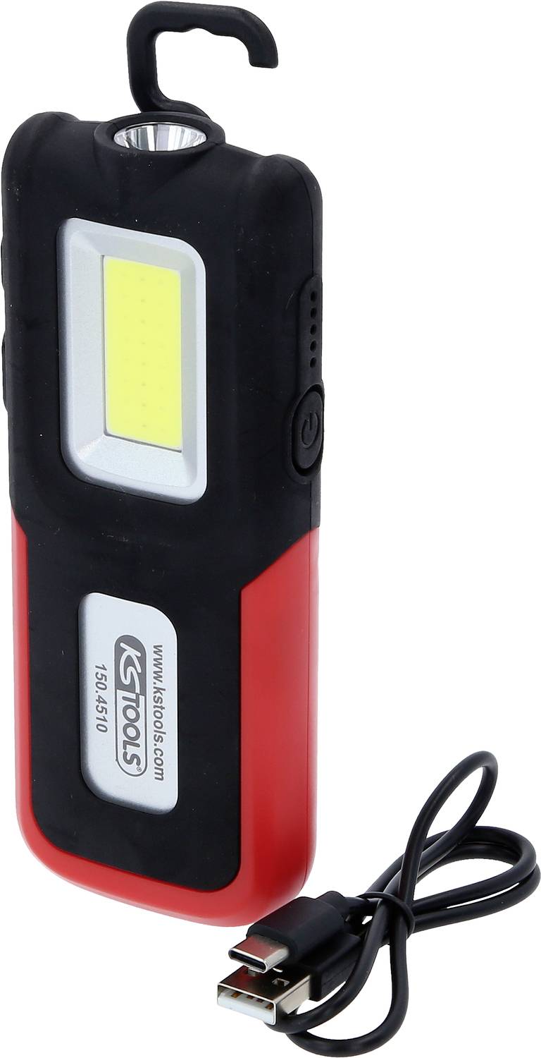 Tragbare LED-Arbeitsleuchte mit Haken und USB-Ladekabel. Schwarzes und rotes Gehäuse, ideal für mobile Beleuchtungseinsätze.