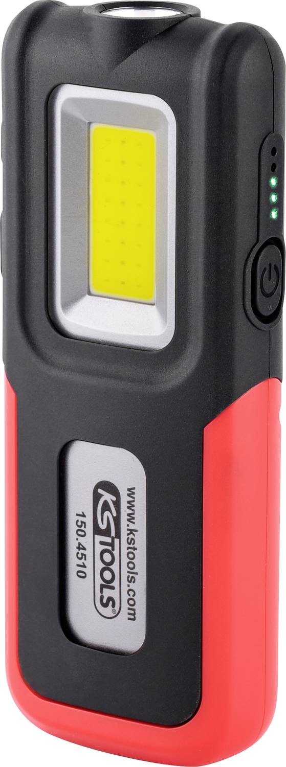 Tragbare Taschenlampe mit robustem Gehäuse, seitlichem LED-Balken und Markennamen 'KS Tools' auf roter Oberfläche.