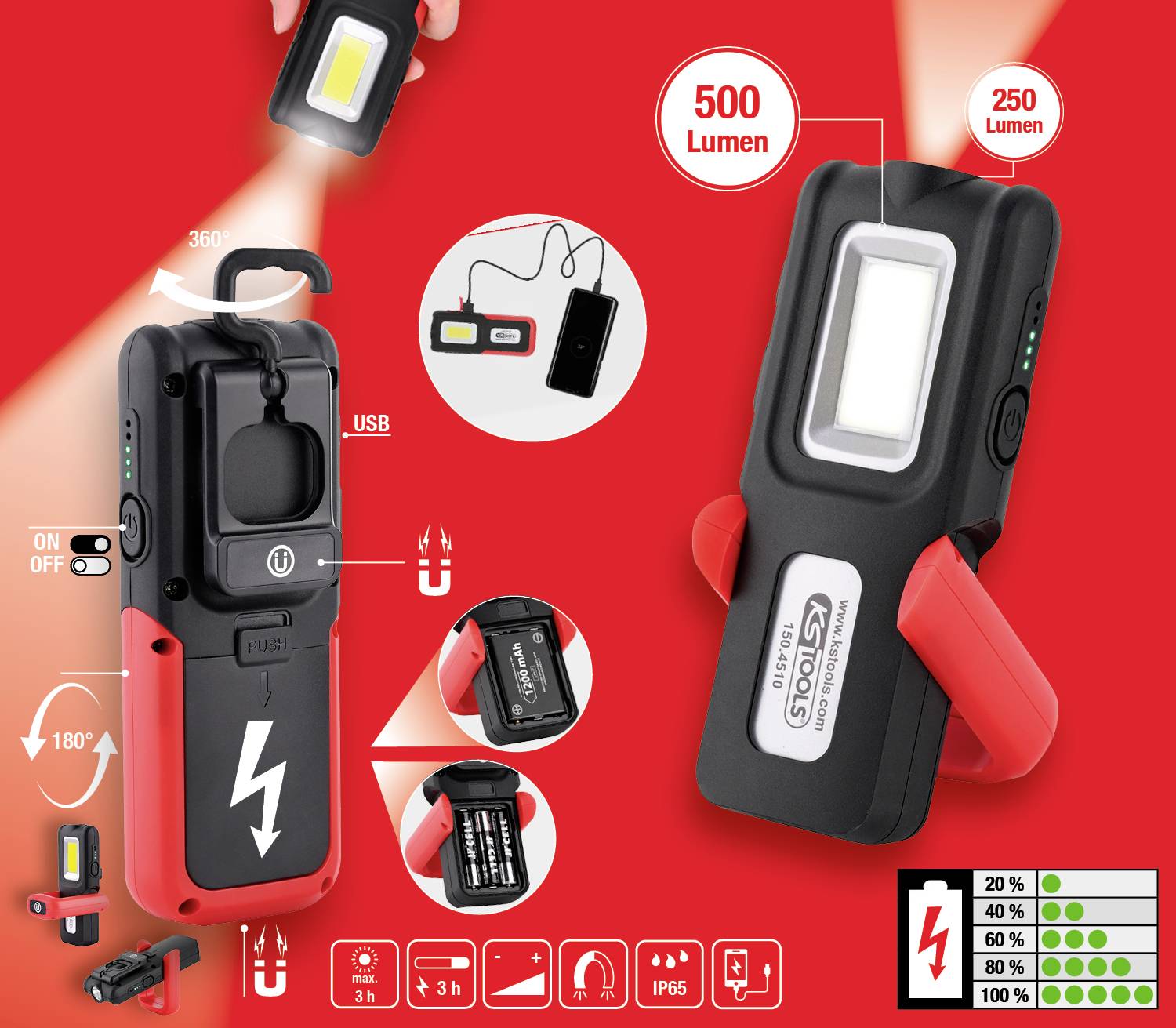 Tragbare LED-Arbeitsleuchte mit 500/250 Lumen, USB-Anschluss, 360° drehbar, 180° verstellbar, Ladeanzeige und robustem Gehäuse.