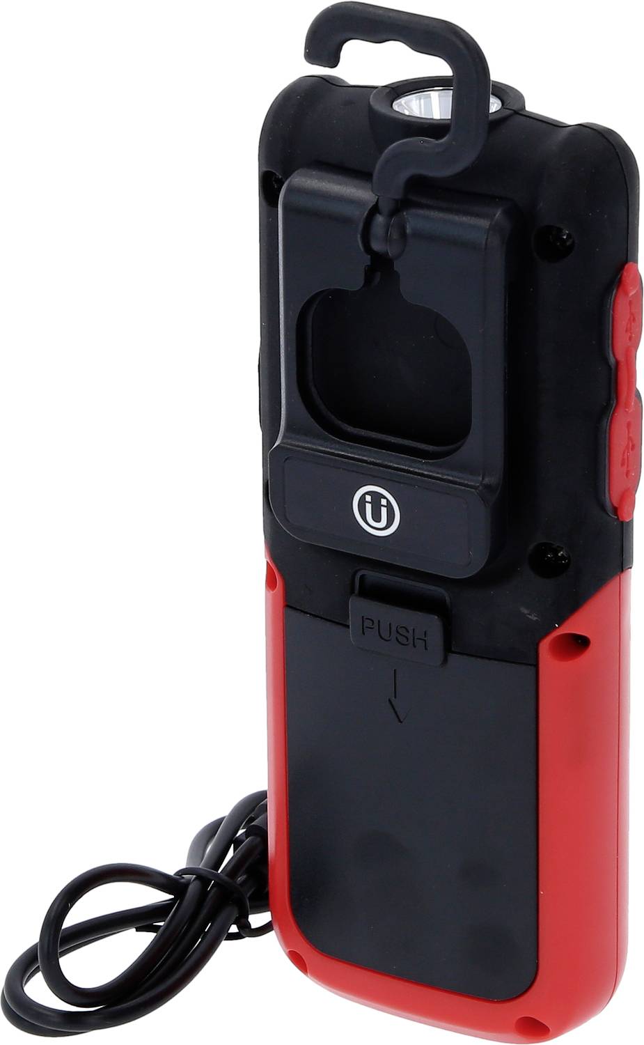 Ein rot-schwarzes tragbares Ladegerät mit Haken und Kabel. Es verfügt über Knöpfe auf der Seite und einen 'Push'-Mechanismus vorne.