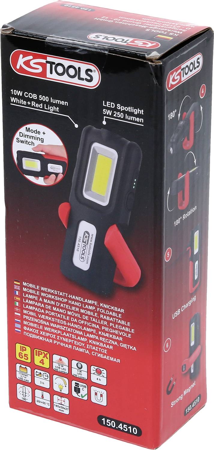 Schachtel einer LED-Arbeitsleuchte von KS Tools, zeigt Funktionen wie 180° Drehmechanismus, USB-Ladefunktion und Leuchtkraftangaben.