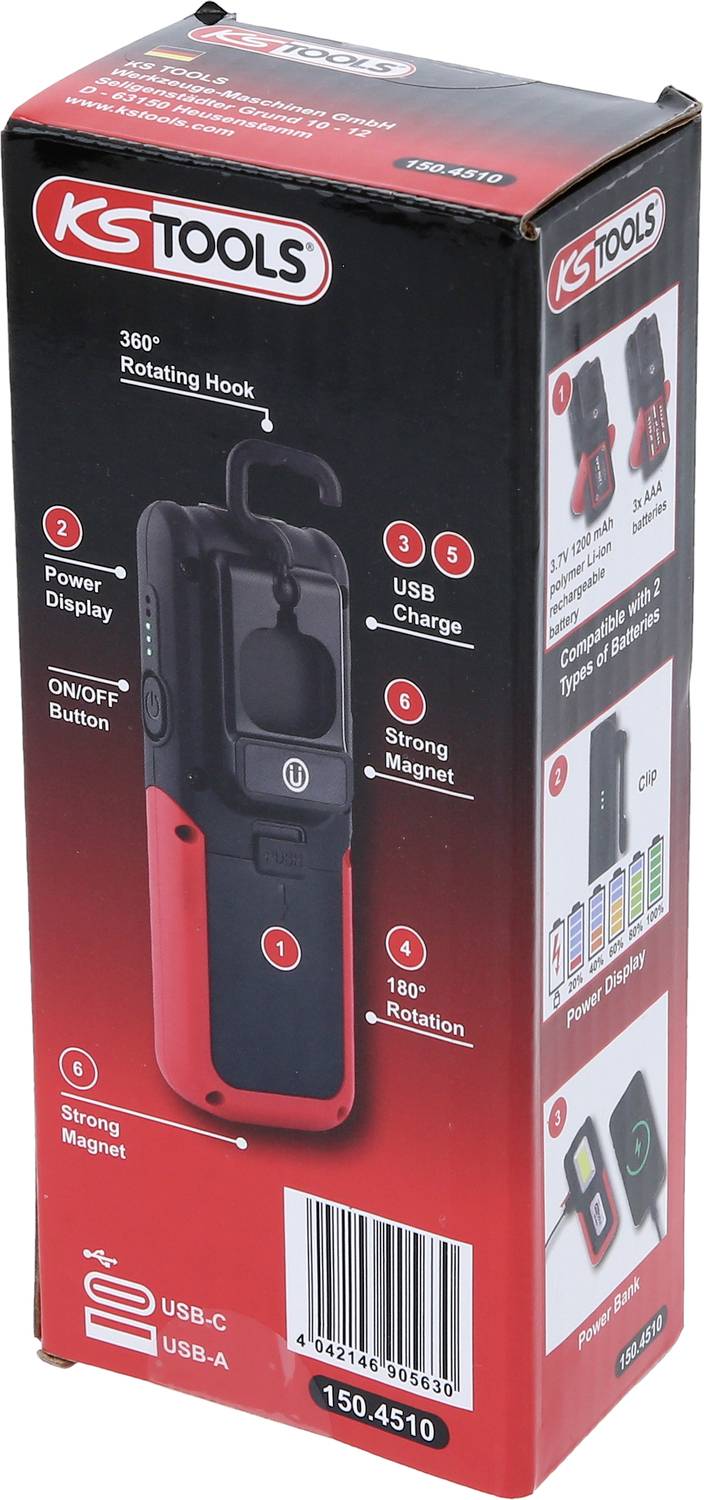 Eine schwarze und rote LED-Lampe von KS Tools wird gezeigt. Funktionen: drehbarer Haken, starkes Magnet, USB-C- und USB-A-Anschlüsse.