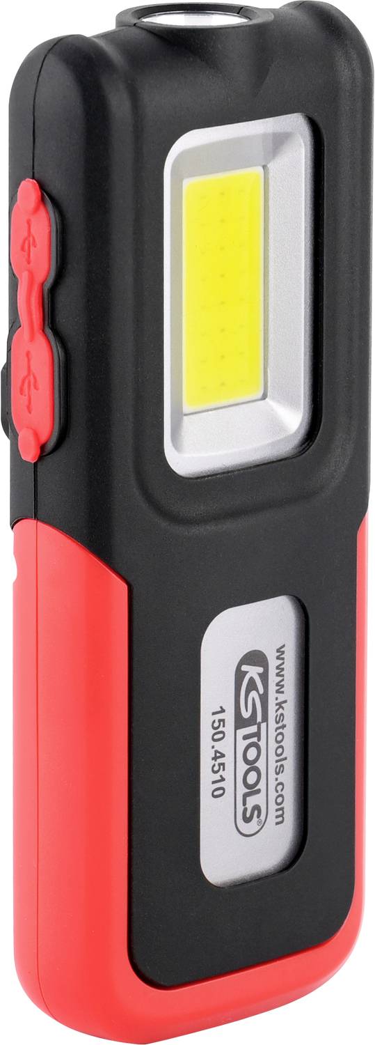 Tragbare LED-Arbeitsleuchte in Schwarz und Rot mit Markennamen und Modellnummer auf der Vorderseite. Ideal für Werkstattnutzung.