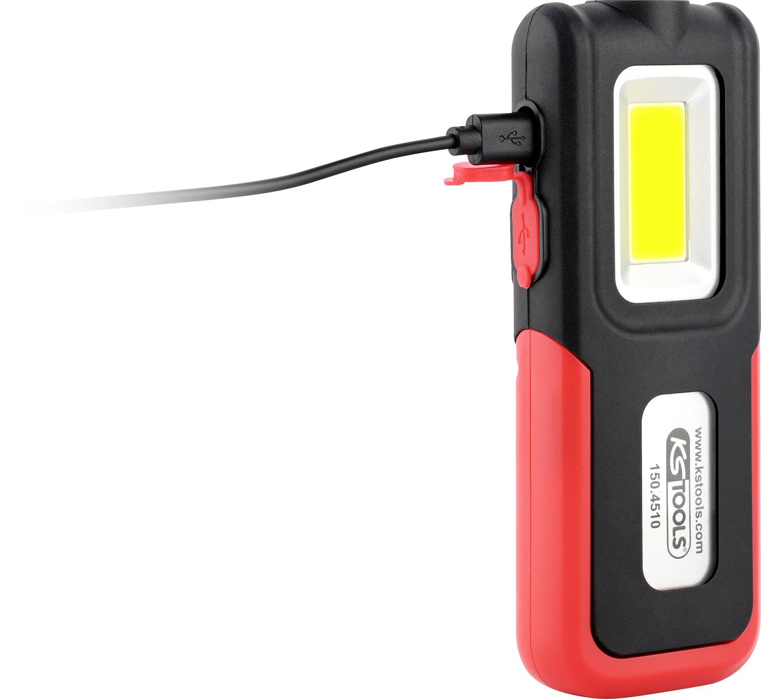 Tragbare LED-Arbeitsleuchte mit USB-Ladekabel, handlich in rot-schwarzem Design. Ideal für Werkstatt- oder Outdoor-Einsätze.