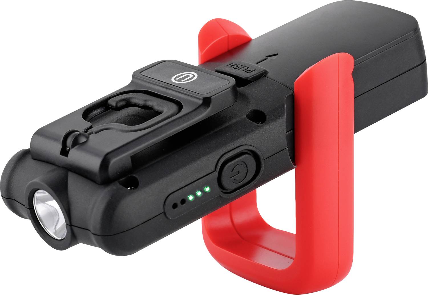 Tragbare, schwarze Taschenlampe mit rotem Ständer, Ladestand-Anzeige, seitlichem Ein/Aus-Schalter und Gürtelclip.