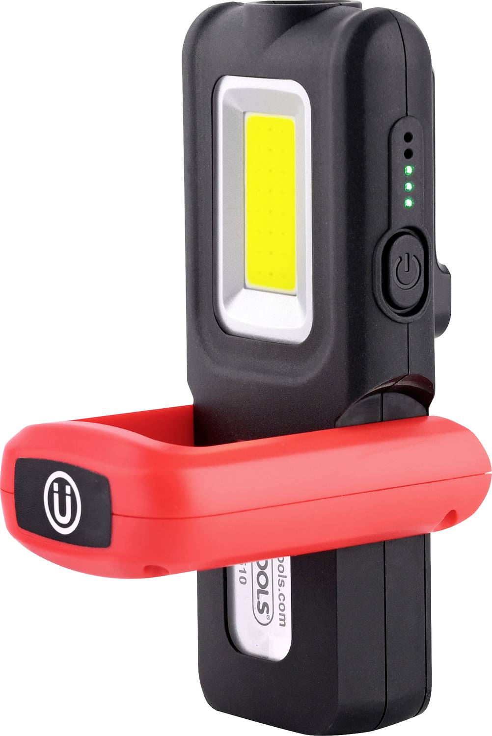 Tragbare LED-Arbeitsleuchte mit schwarzem Gehäuse, rotem Magnetfuß und Ladeanzeige.