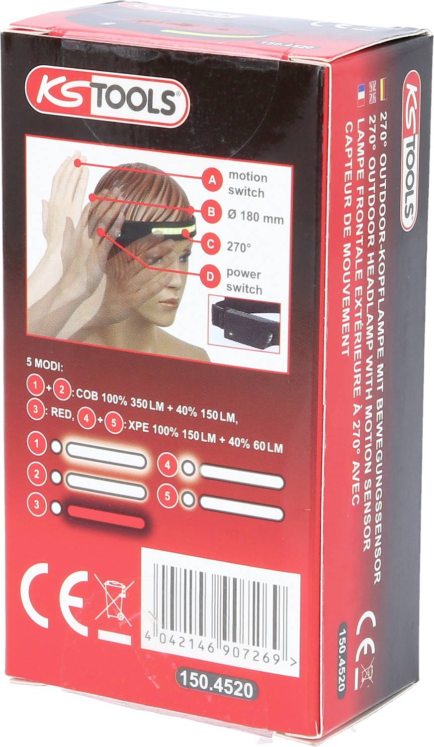 KS Tools LED Stirnlampe akkubetrieben 350lm 8h 150.4520